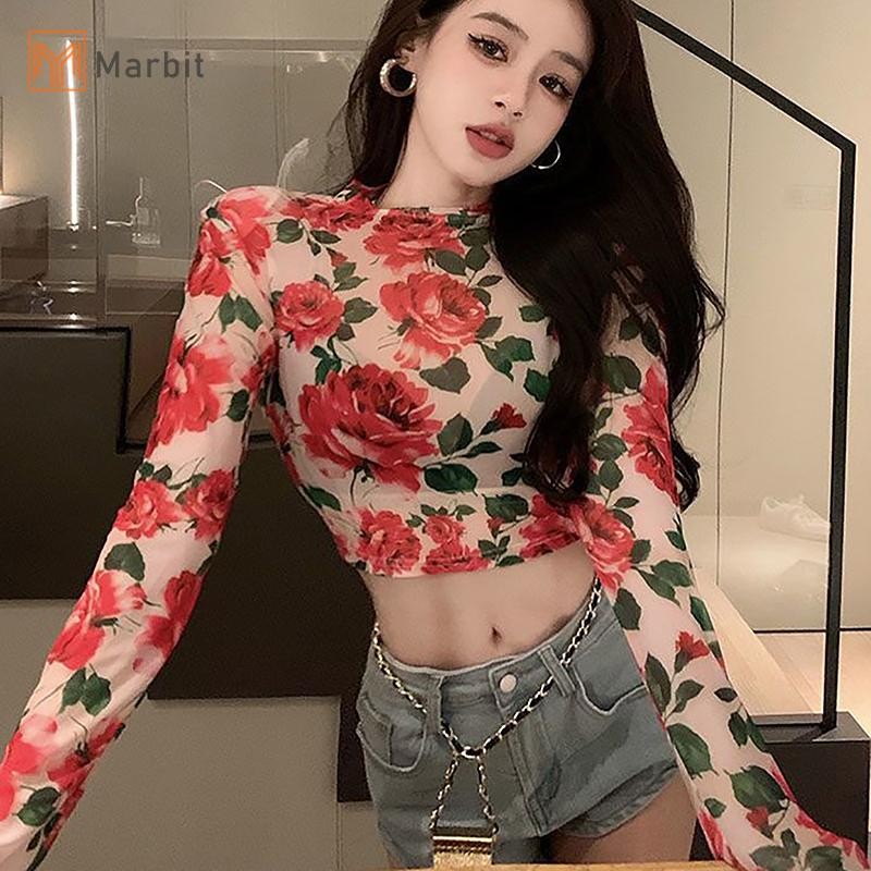 Marbit Thu Đông Nữ Retro Hoa Cổ Tròn Dài Tay Áo Thun Slim Crop Top Mới