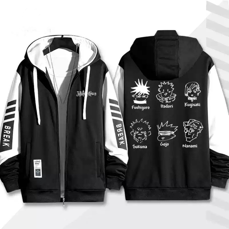 Hoodie zipper anime Jujutsu Kaisen với hình ảnh nhân vật Satoru Gojo và Itadori Yuji - Phù hợp cho cosplay unisex