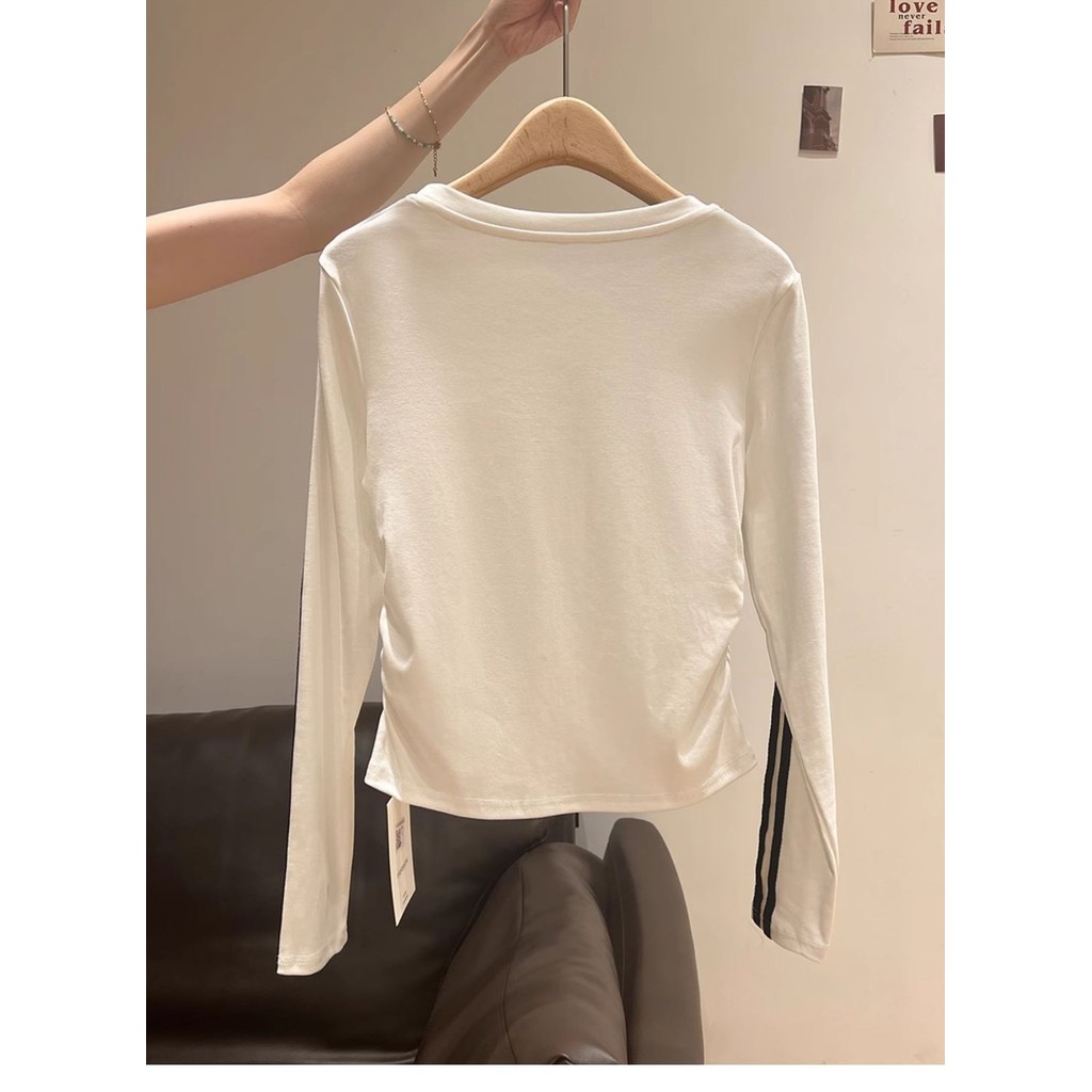 Áo phông dài tay thiết kế phối màu tương phản xanh navy Milyfashion áo mặc trong tôn dáng gầy chít eo xếp ly đầu thu cho nữ áo khí chất