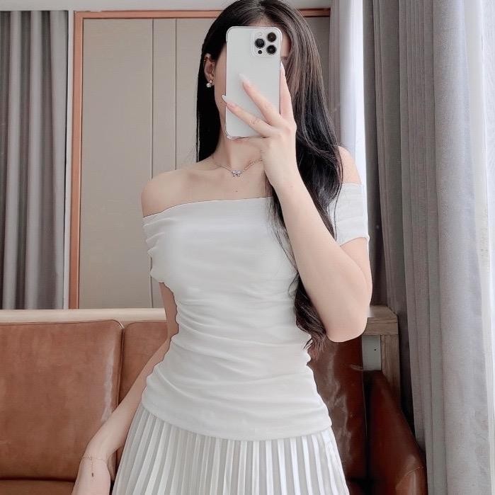 Áo Trễ Vai Chất Thun Co Dãn Nữ Top Nhiều Kiểu Mặc Women Cổ Tròn