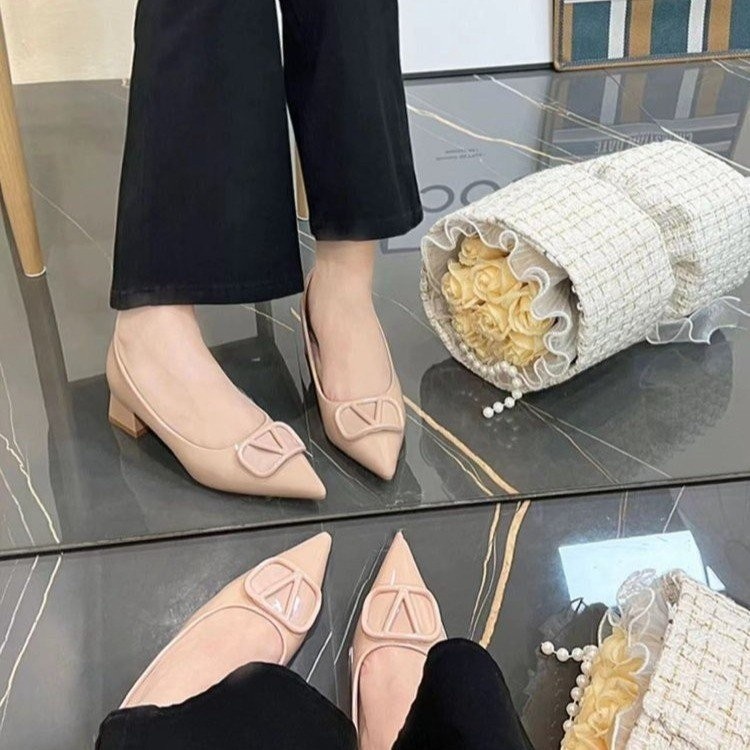 Giày cao gót nữ mũi nhọn kiểu Pháp, đế thô chống trượt, chất liệu PU, thiết kế một bàn đạp cho công sở, thời trang thường ngày