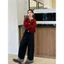 Quần áo mùa thu đông bé gái phiên bản Hàn Quốc Áo len Cardigan đỏ + Quần ống rộng Denim Bộ đồ hai mảnh 5-13 tuổi