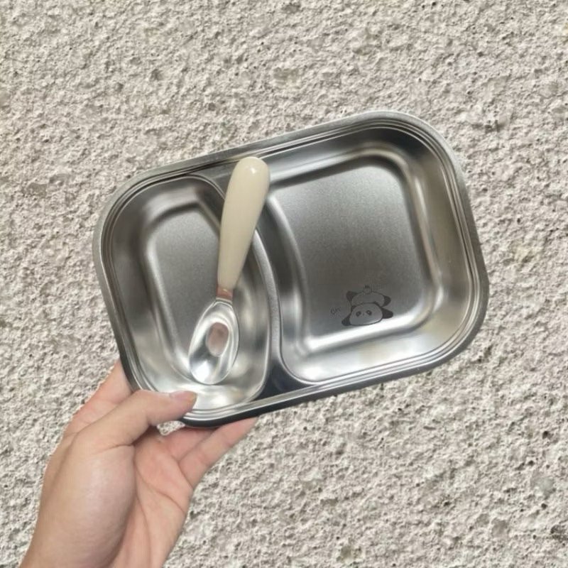 khay ăn inox 2 ngăn cho bé kèm thìa