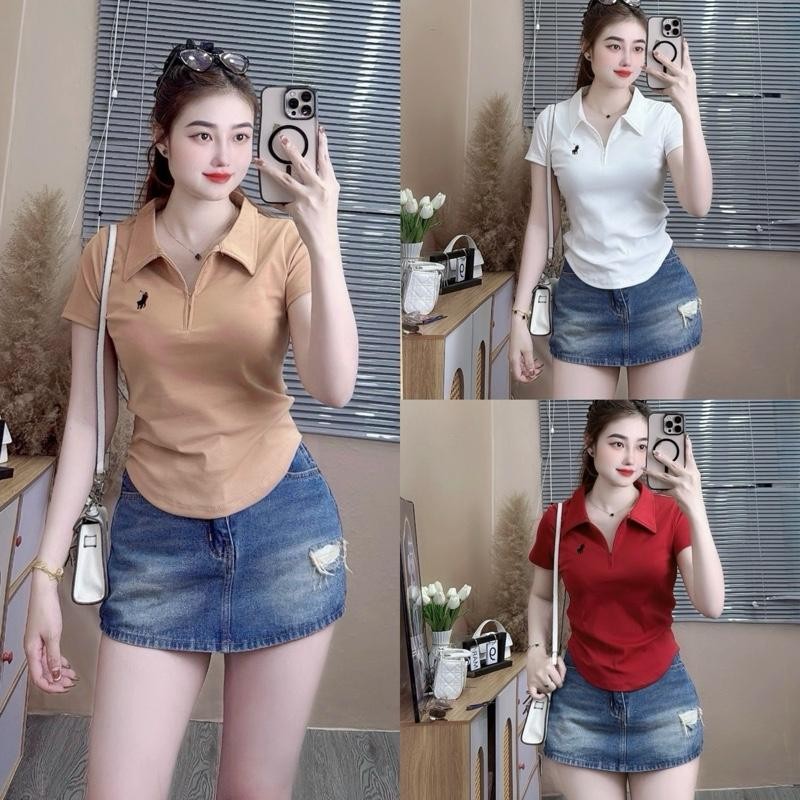 Áo thun polo ôm vừa - khoá kéo thêu ngựa vạt bầu hách dáng - S888