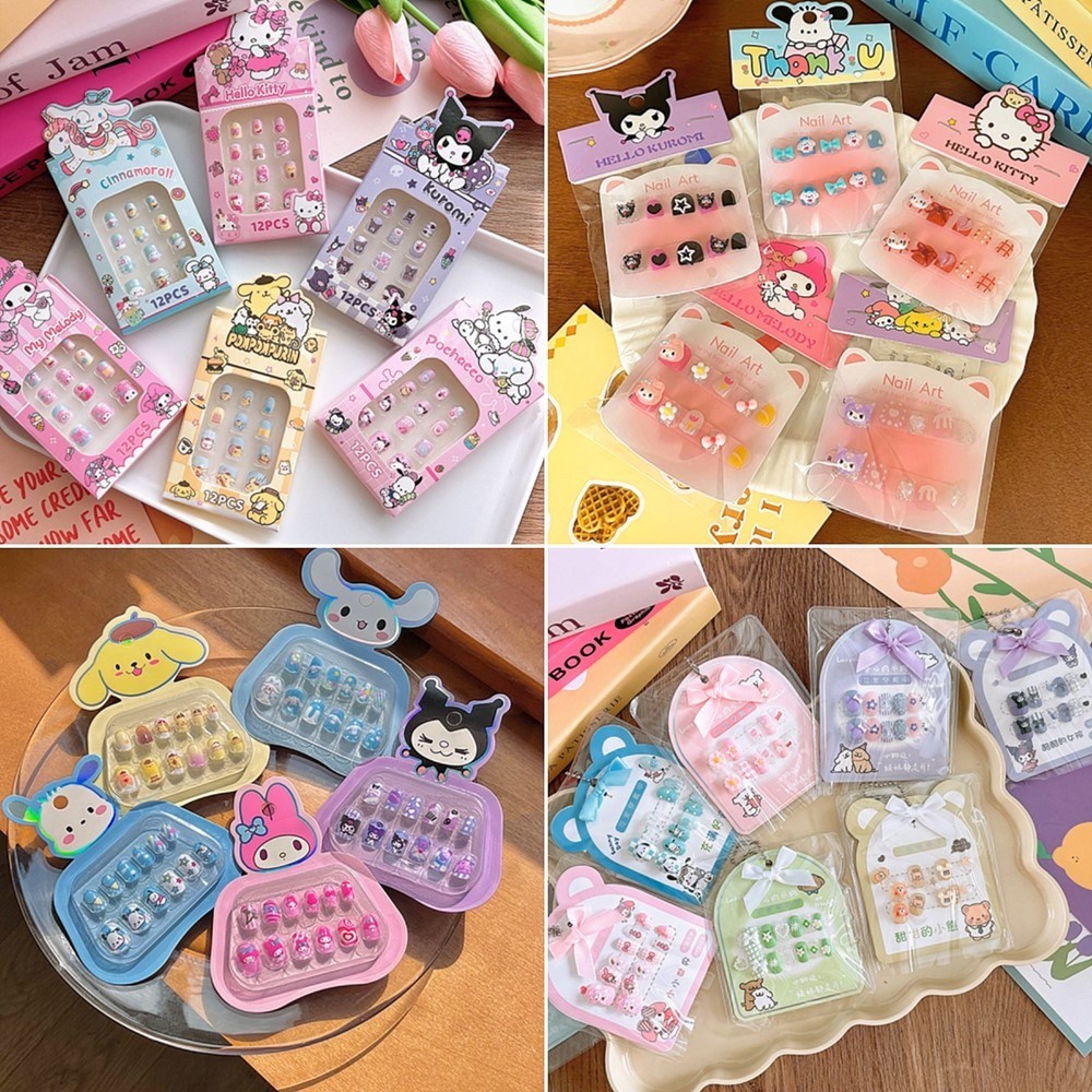 Combo 6 hộp móng tay giả Nail hoạ tiết hoạt hình Kuromi Kitty Cinamoroll xinh xắn có sẵn keo dính cho bé gái