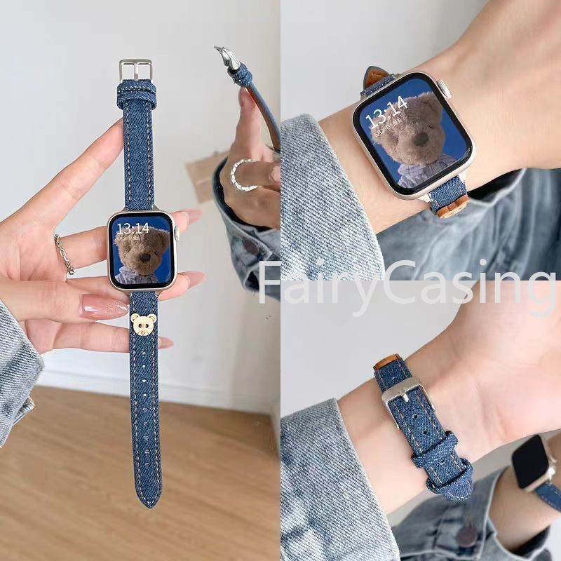 Dây đeo Denim gấu nhỏ cho Apple Watch Series 10 9 8 7 38 40 41mm 42mm 44 45mm 46mm Ultra2 49mm iwatch Vòng tay mỏng