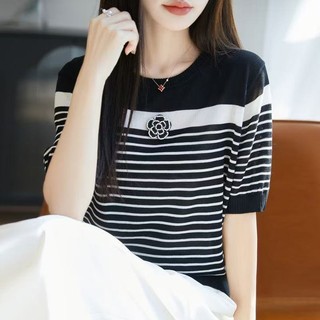 Camellia Màu Sắc Tương Phản Ngắn Tay Dệt Kim Nữ Xuân Hè Lyocell Cổ Tròn Sọc Áo Thun Top Light Loose Đơn Giản