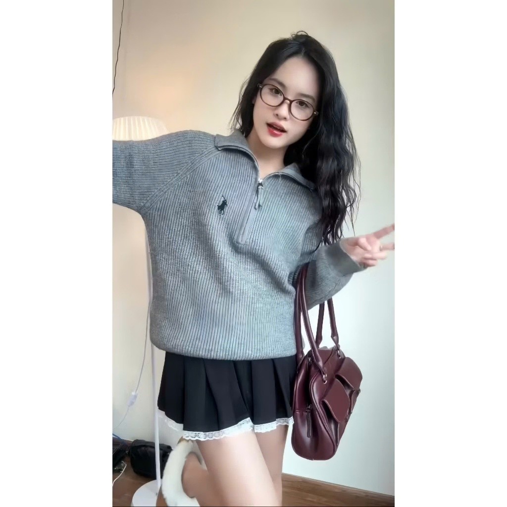Áo Polo Cổ Sơ Mi Thêu Ngựa KCloset Áo Len Dày Dặn Dáng Rộng Nữ Tính