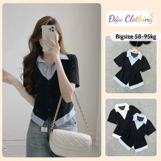 Áo Sơ Mi Bigsize Nữ Tay Ngắn Kiểu Giả Hai Lớp Vải Xoa Kẻ Sọc Phối Nỉ Tăm Cá Tính SM185