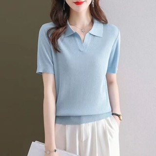 Mùa hè Phong Cách Mới Ve Áo Dệt Kim Áo Thun Nữ Tay Ngắn Nữ Tay Ngắn Nữ Mỏng Phong Cách Ice Silk Thời Trang Tuổi @