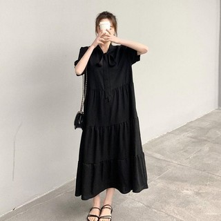 [Đầm đen phong cách Hàn Quốc Đầm dài mỏng nhẹ] Đầm cỡ lớn mùa hè Váy buộc dây ngắn tay mùa hè dành cho nữ sinh viên phiên bản Hàn Quốc Váy một mảnh dáng rộng dáng rộng dáng ôm hơn Phong cách Preppy Váy bánh dài vừa phải Quần áo nữ cỡ lớn hợp thời trang