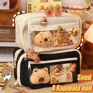 ALIK Túi Đựng Bút Chì Dung Tích Lớn Capybara Hoạt Hình Văn Phòng Phẩm Túi Đựng Có Trâm Cài Dán Kẹp Móc Khóa Trẻ Em Bút Trường Hợp VN