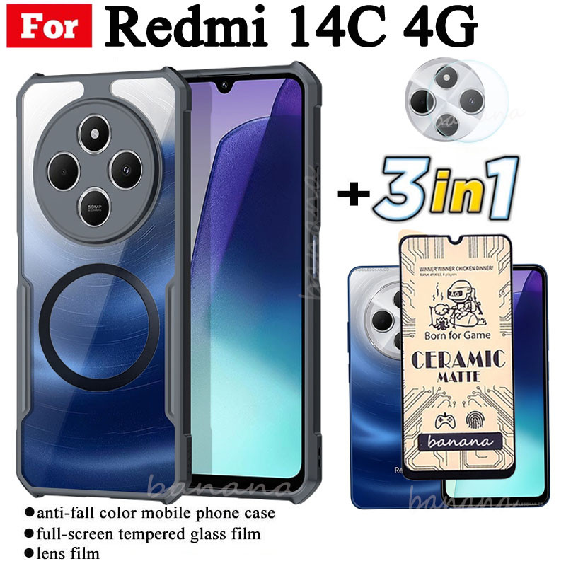 Ốp điện thoại chống sốc 3 trong 1 Redmi 14C có nhãn dán sạc không dây từ tính cho Redmi 13C C65 C75 Kính cường lực chống gián điệp Bảo vệ màn hình và màng ống kính