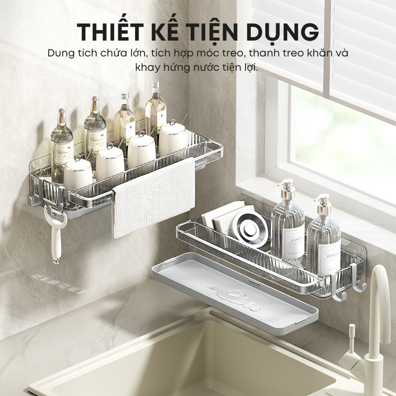 Giá Kệ Để Đồ Rửa Chén Bát Đa Năng 26cm Chịu Lực Tới 2.5kg Có Móc Treo Và Khay Hứng Nước Tiện Dụng | 195