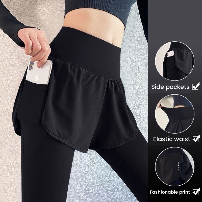QuầnTập Gym Yoga Chạy Bộ 2 Lớp Có Túi Đựng Điện Thoại, Quần legging nữ co giãn, Có túi bên