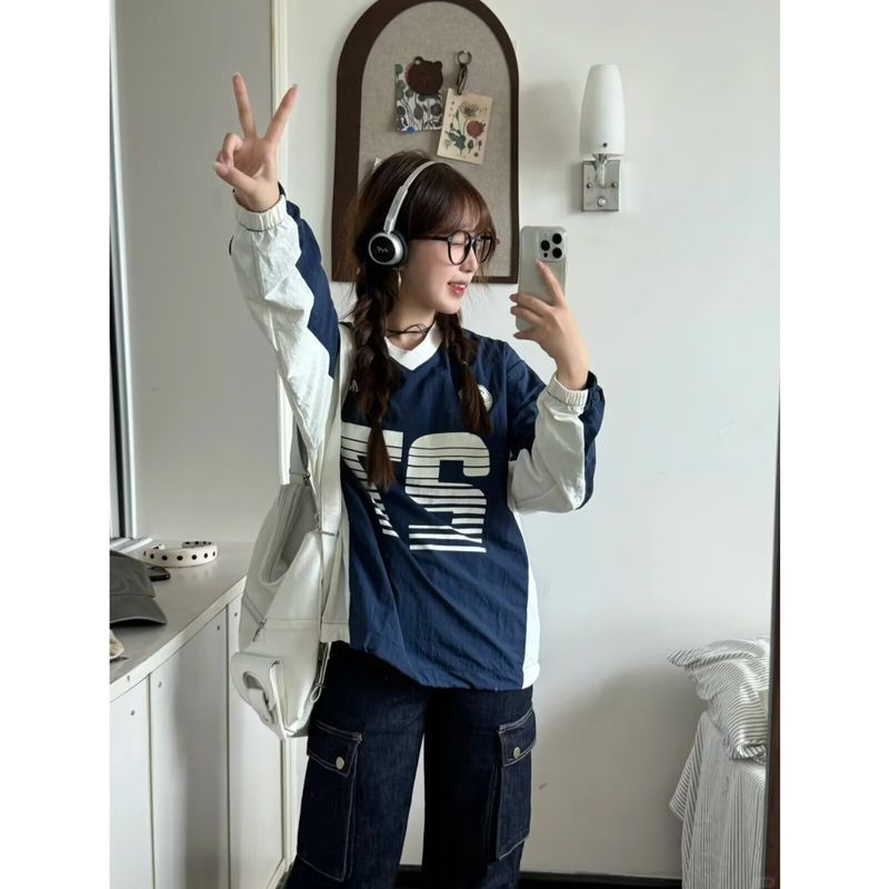 ThaliaWisp Nam Dài Tay Áo Thun Mỹ Retro In Kỹ Thuật Số Khâu Màu Sắc Tương Phản Rời Thiết Kế Phong Cách Thể Thao Hàng Đầu