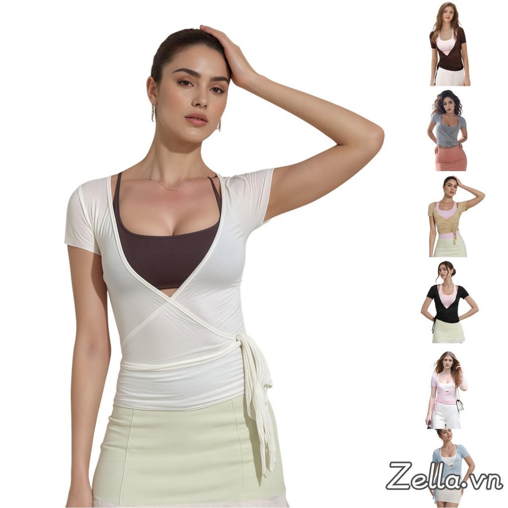 Áo sơ mi nữ quấn cổ chữ V cơ bản tay ngắn màu trơn buộc dây bên hông