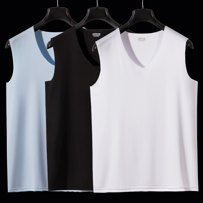 VG Áo Vest nam mùa hè băng lụa liền mạch cổ chữ V Slim Fit màu trơn thể thao Áo sơ mi không tay mỏng