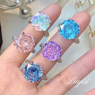 Châu Âu Mỹ ins Phong Cách Mới Hình Bát Giác Hoa Hồng Cắt Biển Xanh Kim Cương Nhiều Màu Sắc Kho Báu Nhẫn Nữ