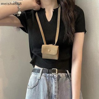 Meisha888 Mùa Hè Màu Trơn Cổ Chữ V Tay Ngắn Dệt Kim Áo Thun Nữ Slim Crop Top Đẹp