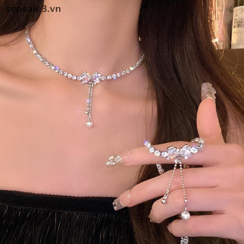 # sepsale # Vòng cổ mặt dây chuyền ngọc trai nơ thời trang Punk Dây chuyền xương đòn bằng kim cương giả sáng bóng dành cho nữ Cô gái Y2K Phụ kiện trang sức dự tiệc Quà tặng.