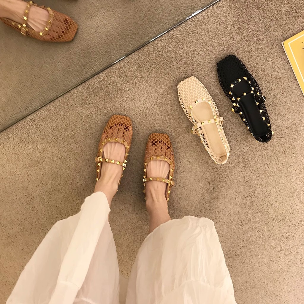 Atikota Rỗng Mary Jane Sandal Nữ Mũi Vuông Đế Bằng Thoáng Khí Nhẹ Giày Mùa Hè