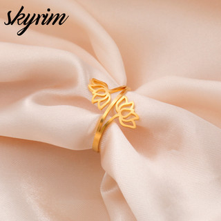 Nhẫn mở hoa sen bằng thép không gỉ SKYRIM Gold - Quà tặng trang sức có thể điều chỉnh không gây dị ứng, chống mài mòn