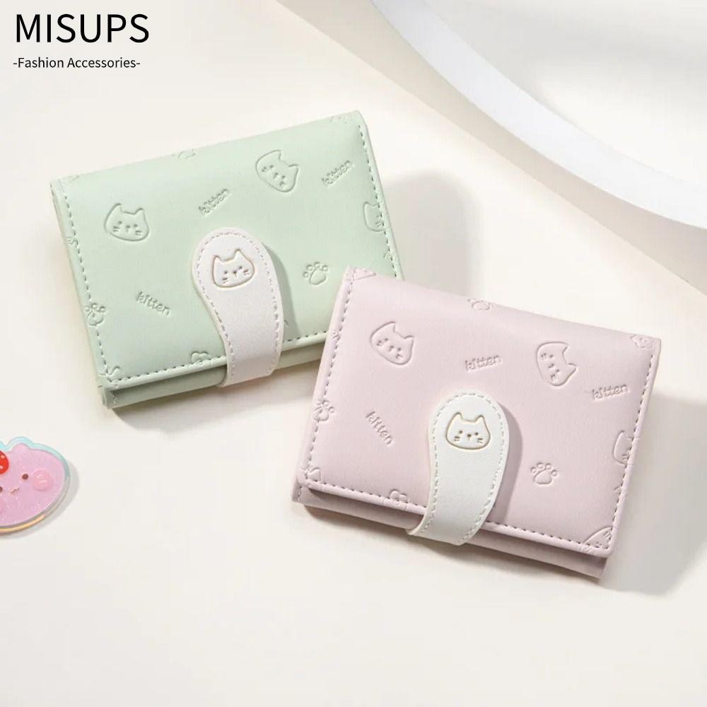 Ví nhỏ dễ thương ngắn MISUPS, Ví in hình mèo con đựng thẻ thời trang, Ví đựng thẻ sinh viên Ví đựng tiền xu có khóa dây đeo Túi đựng tiền nữ