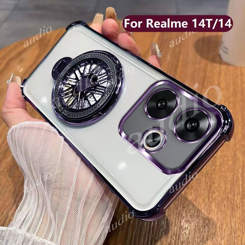 Ốp điện thoại trong suốt mạ bốn góc Realme 14T 14 5G có giá đỡ cối xay gió cho Realme 15 Pro 15T 14T 14 Realme14T 5G Ốp lưng silicon mềm chống sốc cho realme 14t 14 5G