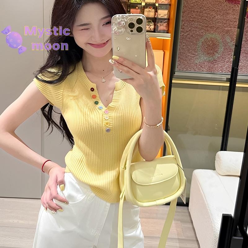 [Huyền bí] Nút đầy màu sắc mùa hè Áo thun dệt kim ngắn tay nửa cổ hở Áo thun nữ tay ngắn [Mới]