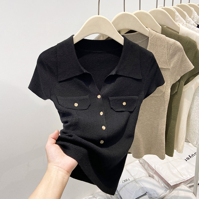 Áo thun ngắn tay cổ Polo nữ màu trơn đơn giản mùa hè mới 250423