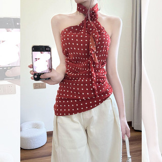 ✨Pháp Ruy Băng Đỏ Hoa Hồng Dây Cổ Voan Áo Sơ Mi Mùa Hè Không Tay Áo Trà Phong Cách Top 25.4.24