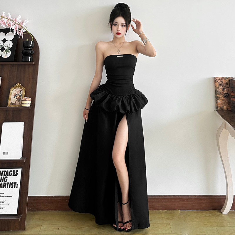 Cutenew Chắc Chắn Cổ Chém Áo Tắt Tay Không Đều Ruched Chắp Vá Hình Eo Khe Bên Nữ Thời Trang Ngọt Ngào Phong Cách Đa Năng