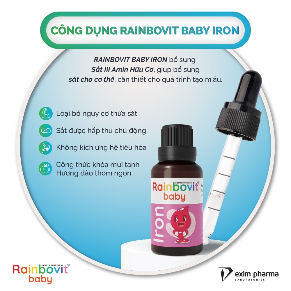 Sắt Hữu Cơ Dành Cho Trẻ Rainbovit Baby Iron lọ 30ml - Không Tanh, Hương Đào, Hấp Thu Chủ Động