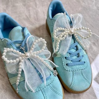 Dây trang trí ruy băng lụa ngọc trai nơ cho giày thể thao, phụ kiện kim loại mặt dây chuyền thời trang