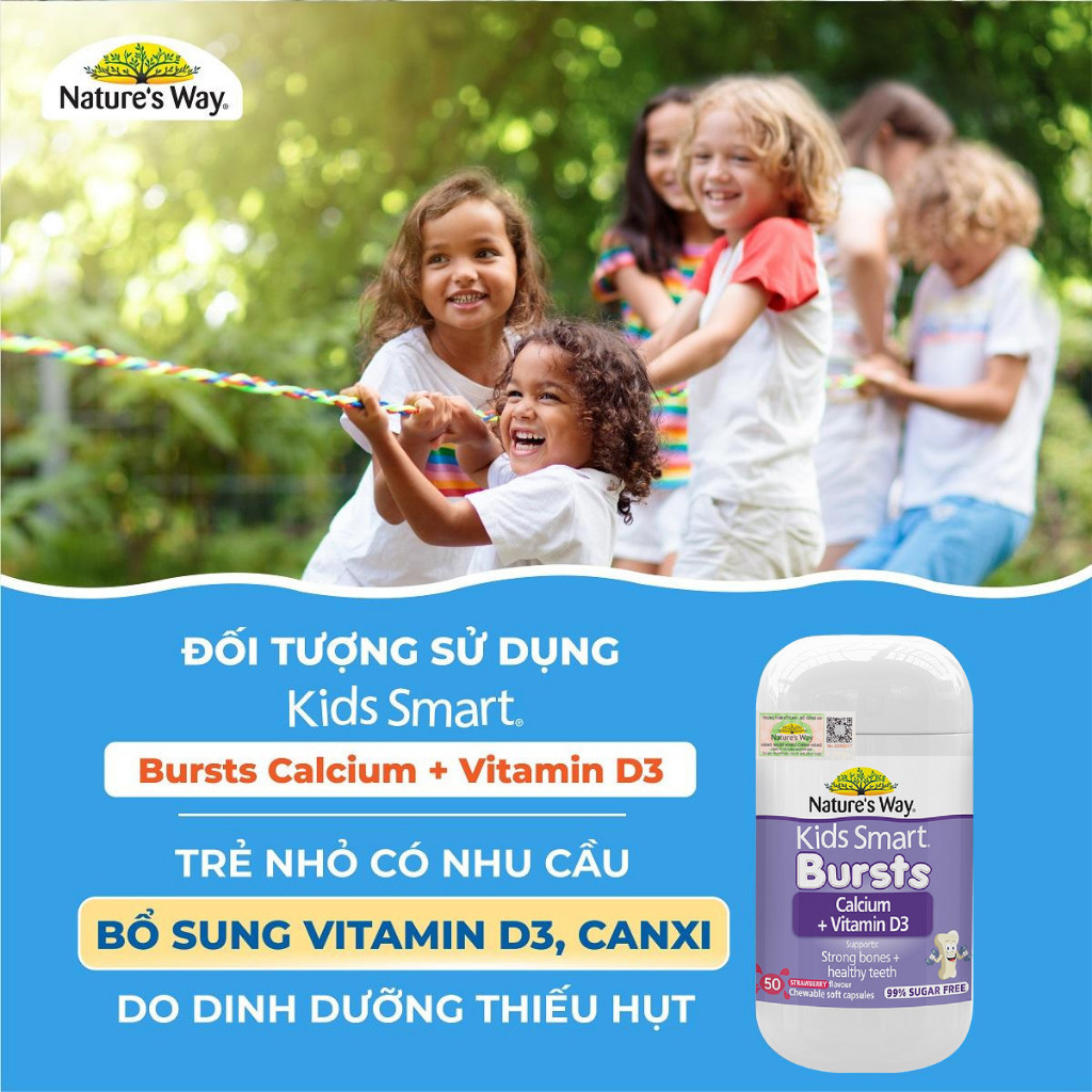 Viên Nhai Canxi Sữa Cho Bé Nature’s Way Kids Smart Calcium + Vitamin D3 Burstlets, Hỗ Trợ Xương Và Răng Chắc Khỏe 50v/h