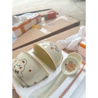 Set 2 bát ăn cơm bằng sứ hình cute kèm 2 thìa dễ thương cho bé ăn ngon miệng mỗi ngày