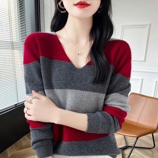 Mùa Thu Đông Cổ Màu-Block Cổ Chữ V Áo Len Nữ Phong Cách Mới Phong Cách Ngắn Rời Phong Cách Phương Tây Tay Dài