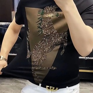 Station Street Wear Light Quần áo nam sang trọng 2023 Ice Silk Hot Diamond Áo thun ngắn tay Slim-Fit Đẹp trai Top 11.13