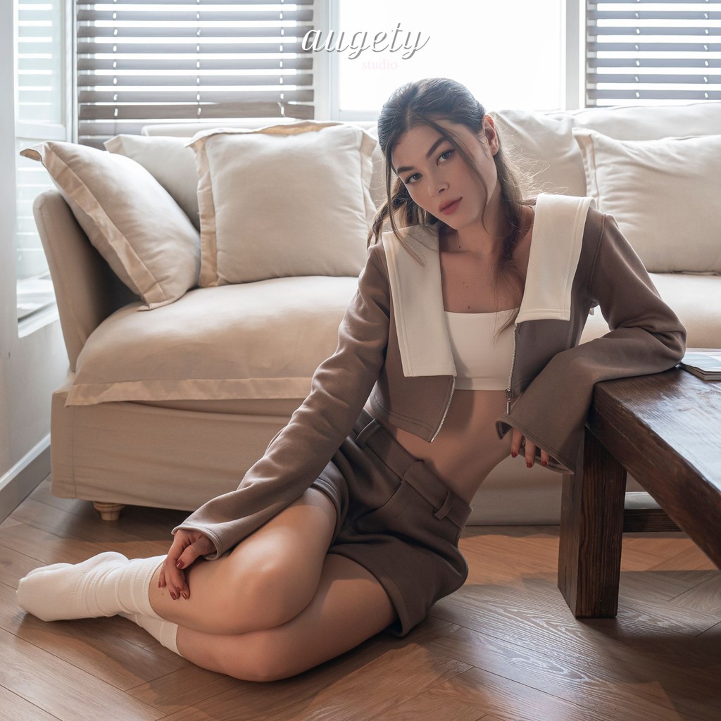 Set Áo Tay Dài Nỉ Form Croptop Và Quần Shorts Nỉ Augety Studio, NICO SWEAT Set