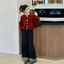 Quần áo mùa thu đông bé gái phiên bản Hàn Quốc Áo len Cardigan đỏ + Quần ống rộng Denim Bộ đồ hai mảnh 5-13 tuổi