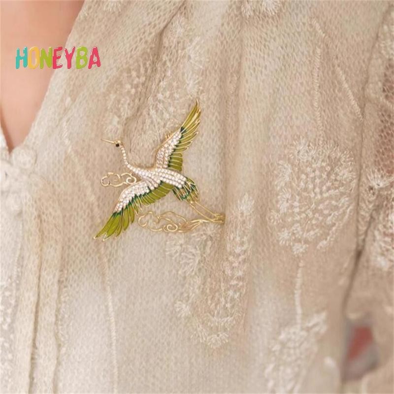 < Honeyba > Phong Cách Trung Hoa Thanh Lịch Kim Cương Giả Xanh Men Crane Clouds Trâm Cài Cho Nữ Bé Gái Chim Bay Ve Áo Chân Trang Sức Dự Tiệc
