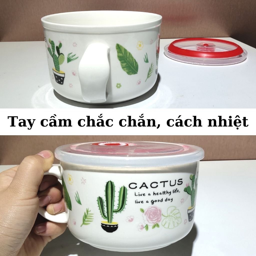 Bát sứ ăn mỳ kèm nắp nhựa có tay cầm Tô sứ pha mỳ chất liệu chịu nhiệt hoạ tiết đáng yêu
