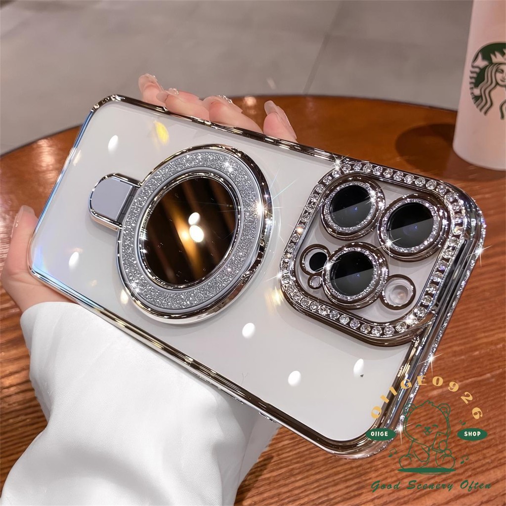 Kim Cương Lấp Lánh Gương Từ Giá Đỡ Ốp Lưng Điện Thoại iphone16 Pro Max 15 14 13 12 11 Vỏ Cho iPhone Vỏ Silicon Mềm TPU Chống Sốc