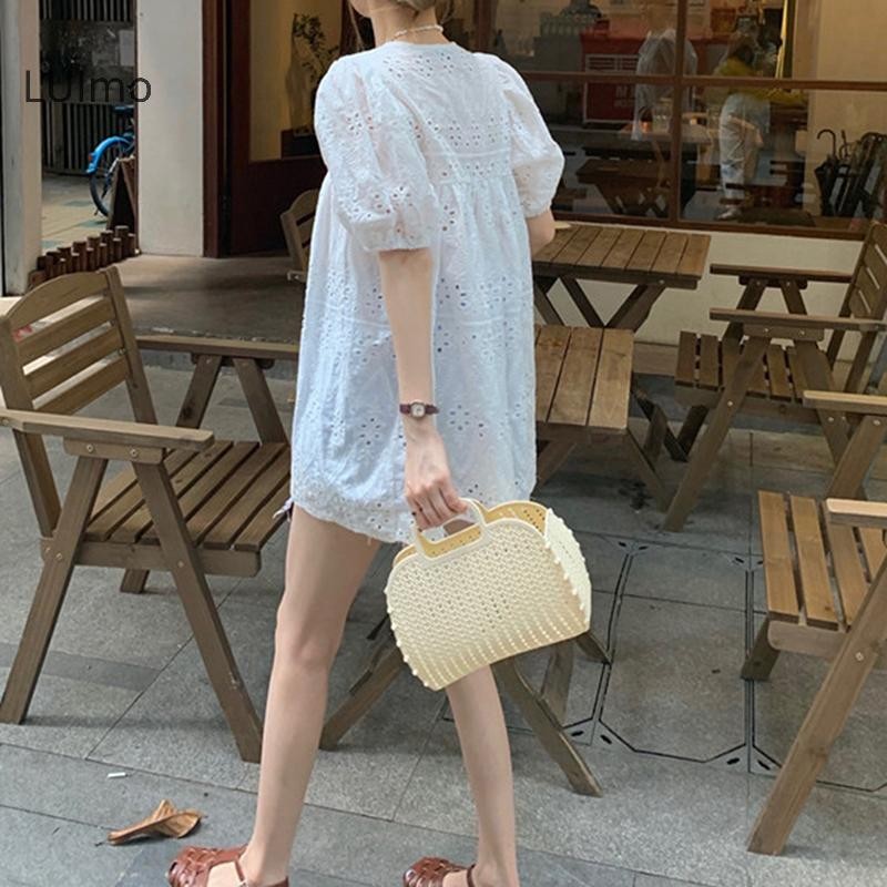 Luimo Áo Nữ Rỗng Ra Tay Phồng Phù Hợp Với Đầm Ren Cổ Chữ V Mỏng Mùa Hè Rời Thời Trang Chắc Chắn Đơn Giản Thường Ngày Nữ Thoáng Khí Ấm Áp Ins Mini Dress SBS