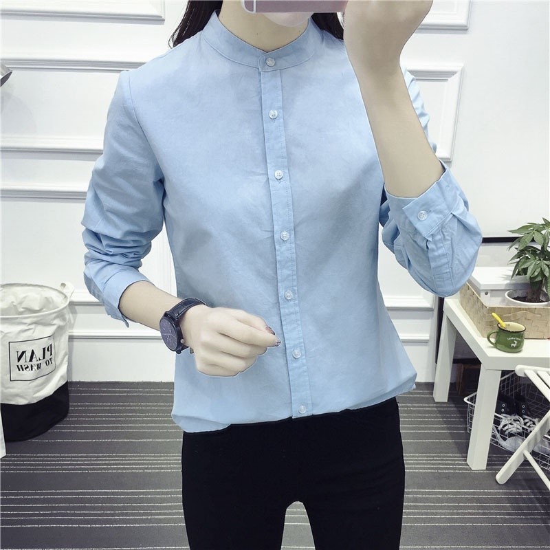 Áo Sơ Mi Nữ Vải Lanh Cotton Màu Trơn Nữ Cổ Đứng Trơn Sinh Viên Nhật Bản Áo Sơ Mi Hàng Đầu