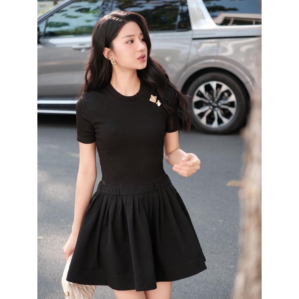 Ảnh JOVEN Đầm Nữ Celeste Ngắn Phối 2 Chất Liệu Cổ Tròn Tay Ngắn 2