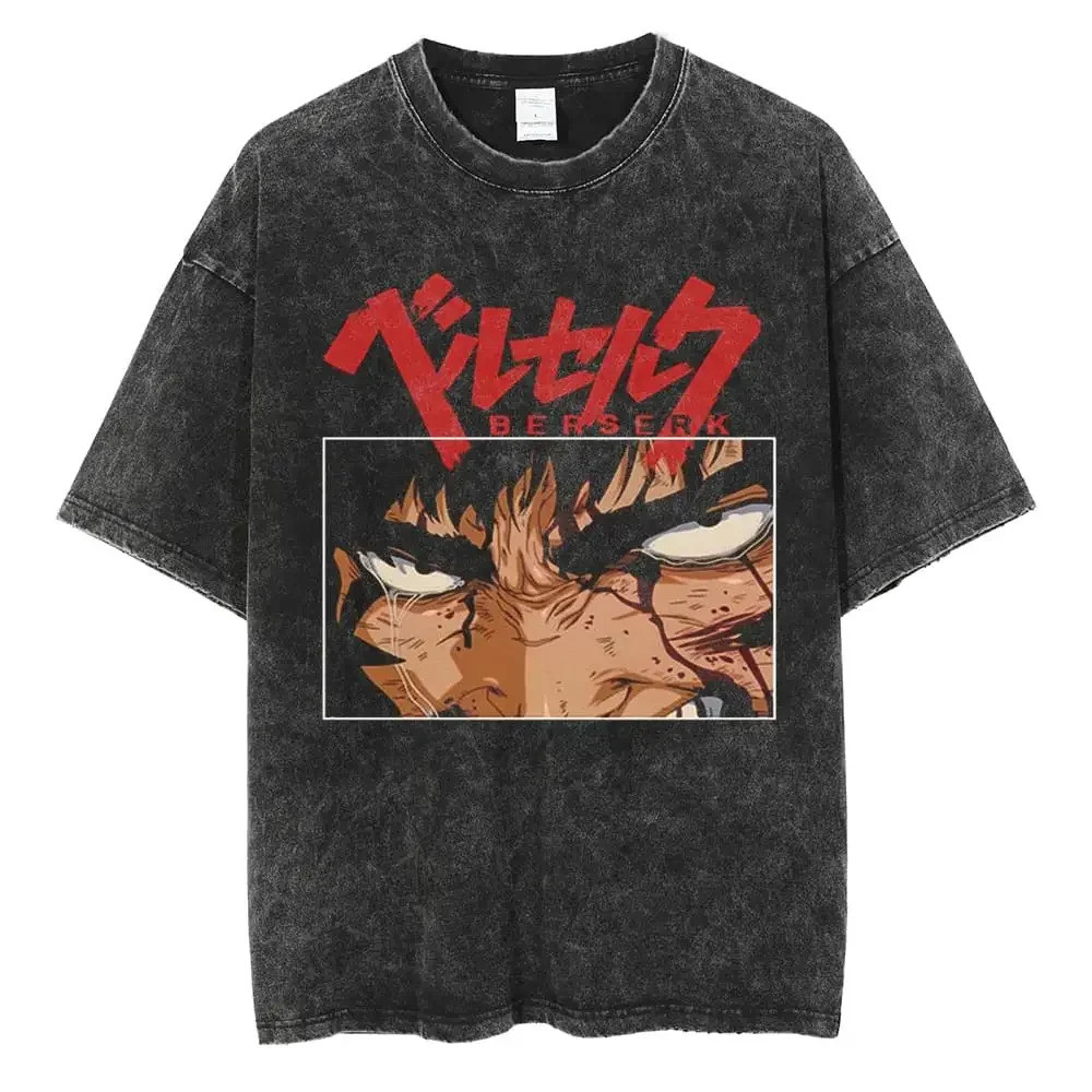 Áo thun in hình Anime Berserk, áo thun cũ đã giặt, áo thun ngắn tay rộng rãi mùa hè cho nam