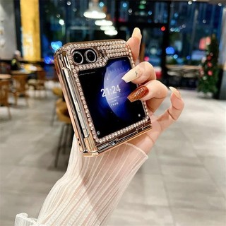 Kim Cương Giả Lấp Lánh Bling Pu Da Viền Ốp lưng Samsung Galaxy Z Flip 6 5 4 3 5G Bản Lề Mạ Mặt Sau Nhựa