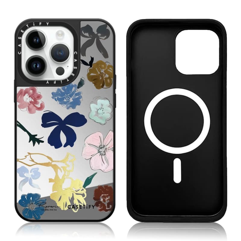 CASETiFY X Reverie của Caroline Hu Flower Case Hút từ tính Vỏ IPhone Gương đen & bạc IPhone 16 15 14 13 12 Pro Max Plus Ốp điện thoại cứng có hộp khắc logo